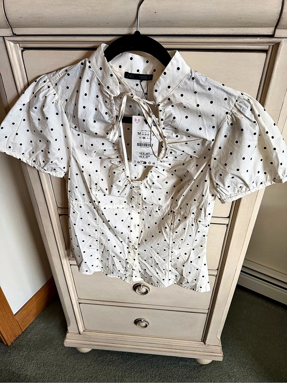 Zara Poplin Tie Top Polka Dot Blouse White & Black Medium
